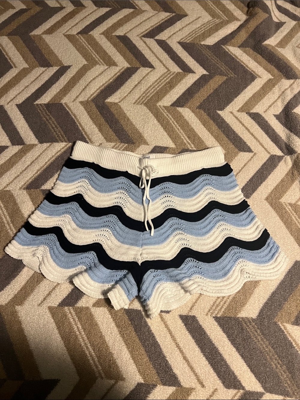 Wavy Knit Drawstring Skort - Blue, Black & Cream